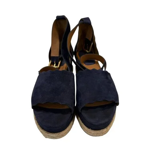 Chloé Navy Suede Scalloped Espadrilles Wedge Sandals Size 39 - Picture 3 of 10